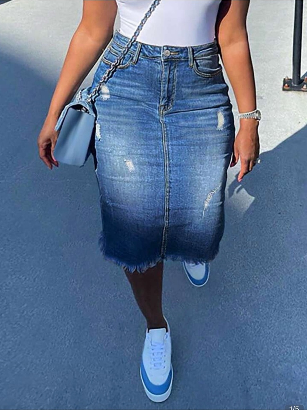 High-Waist Distressed Midi Denim Skirt - Blue